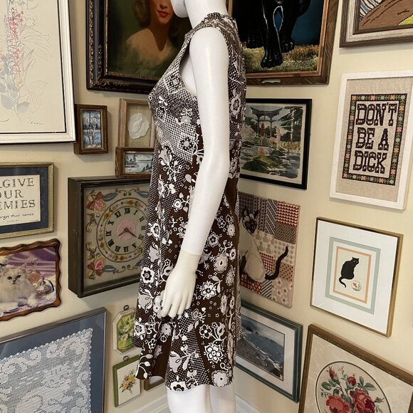 60s Vintage Brown & White Geometric A-Line Sleeveless Knee Length Dress Size M - Picture 3 of 4